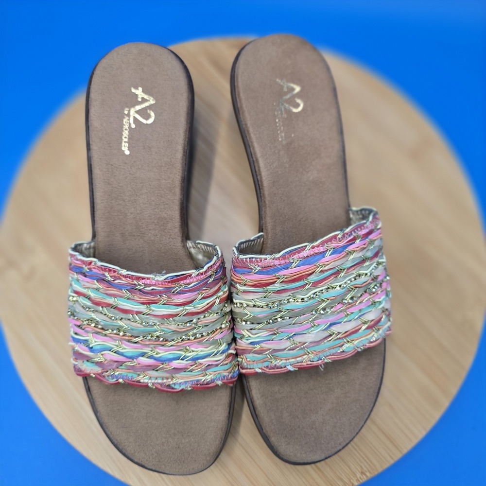 A2 By Aerosoles Sandals Womens 9.5 Say Yes Woven Slip On Wedge Heels Brown Multi - Picture 2 of 8